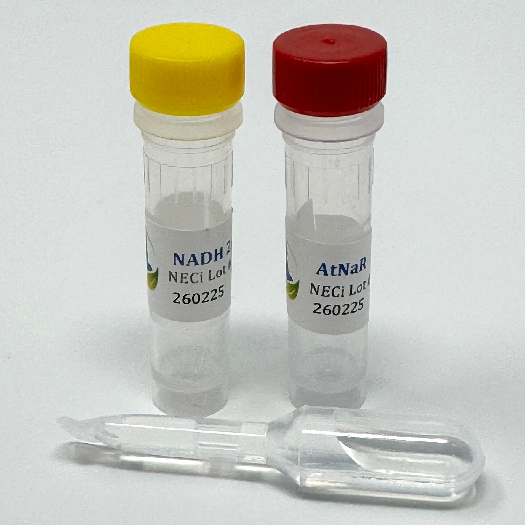 AtNaR Nitrate Reductase Reagents Kit for High Capacity Discrete Analyzers - Two tubes with yellow and red caps labeled 'NADH' and 'AtNaR', and a vial of enzyme diluent