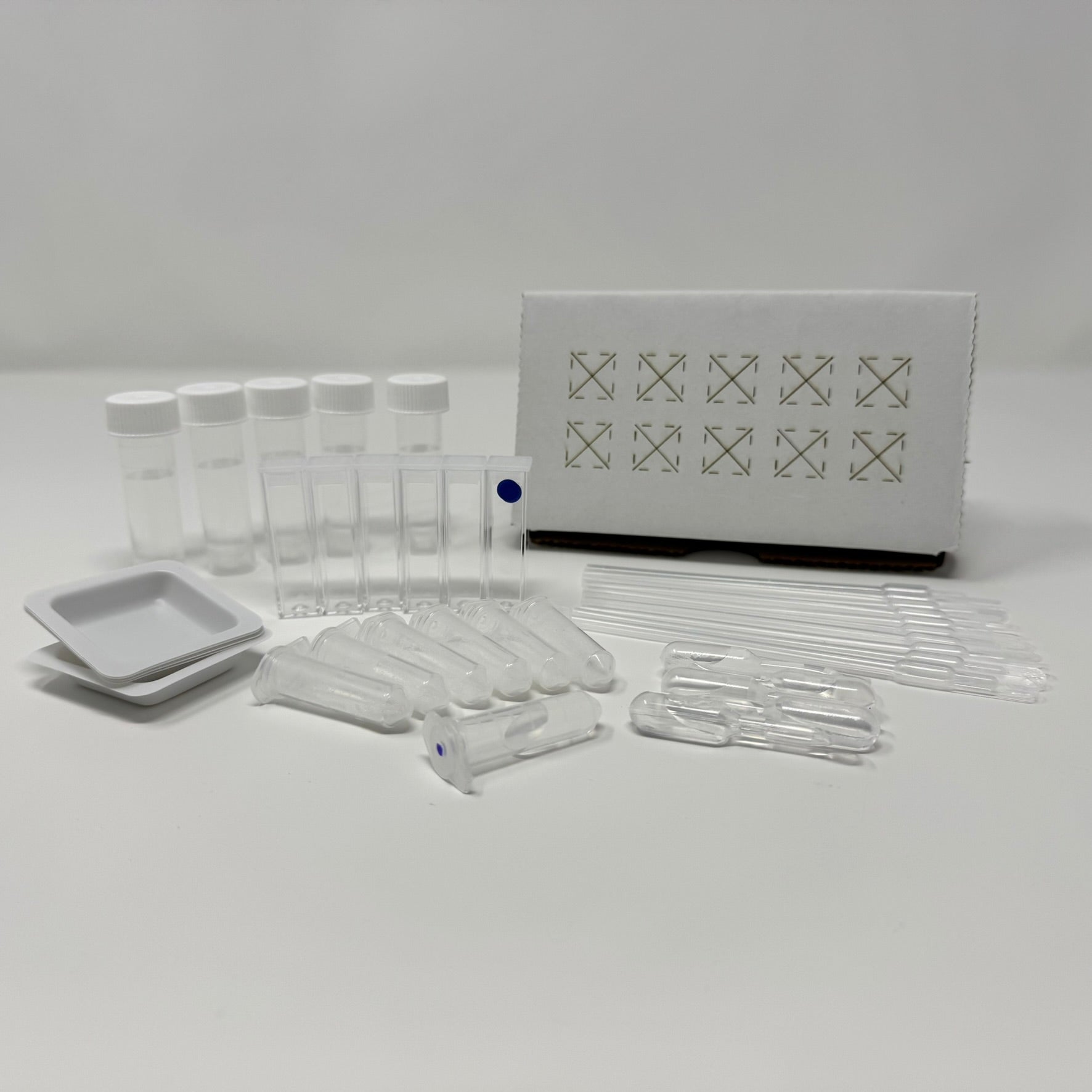 Green Forage Nitrate Test Kit - Complete kit contents including reaction cuvettes, buffer, color reagents, sample collection tubes, and cardboard cuvette holder