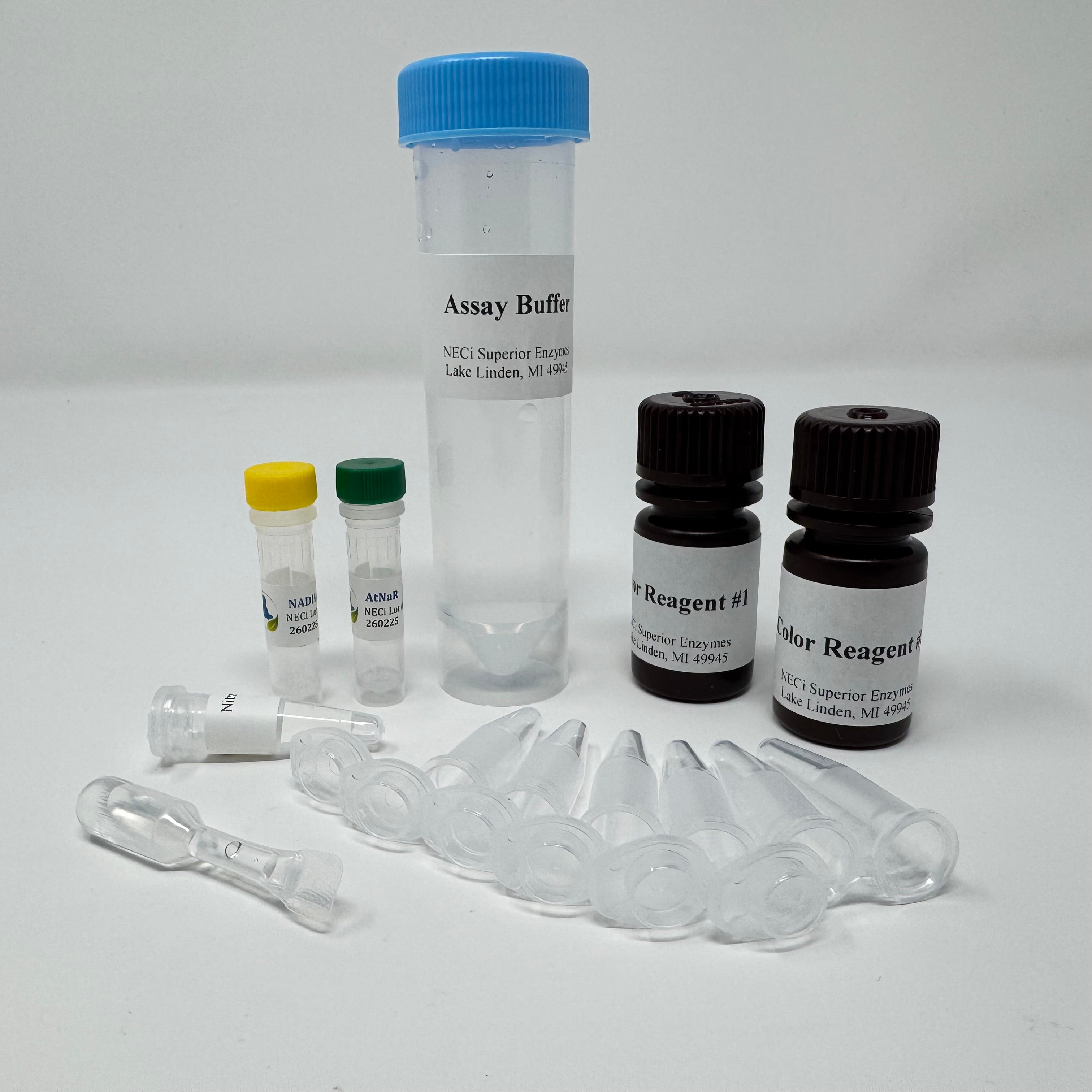 Benchtop Nitrate Test Kit - Low Range freshwater kit with nitrate reductase, NADH, assay buffer, and color reagents