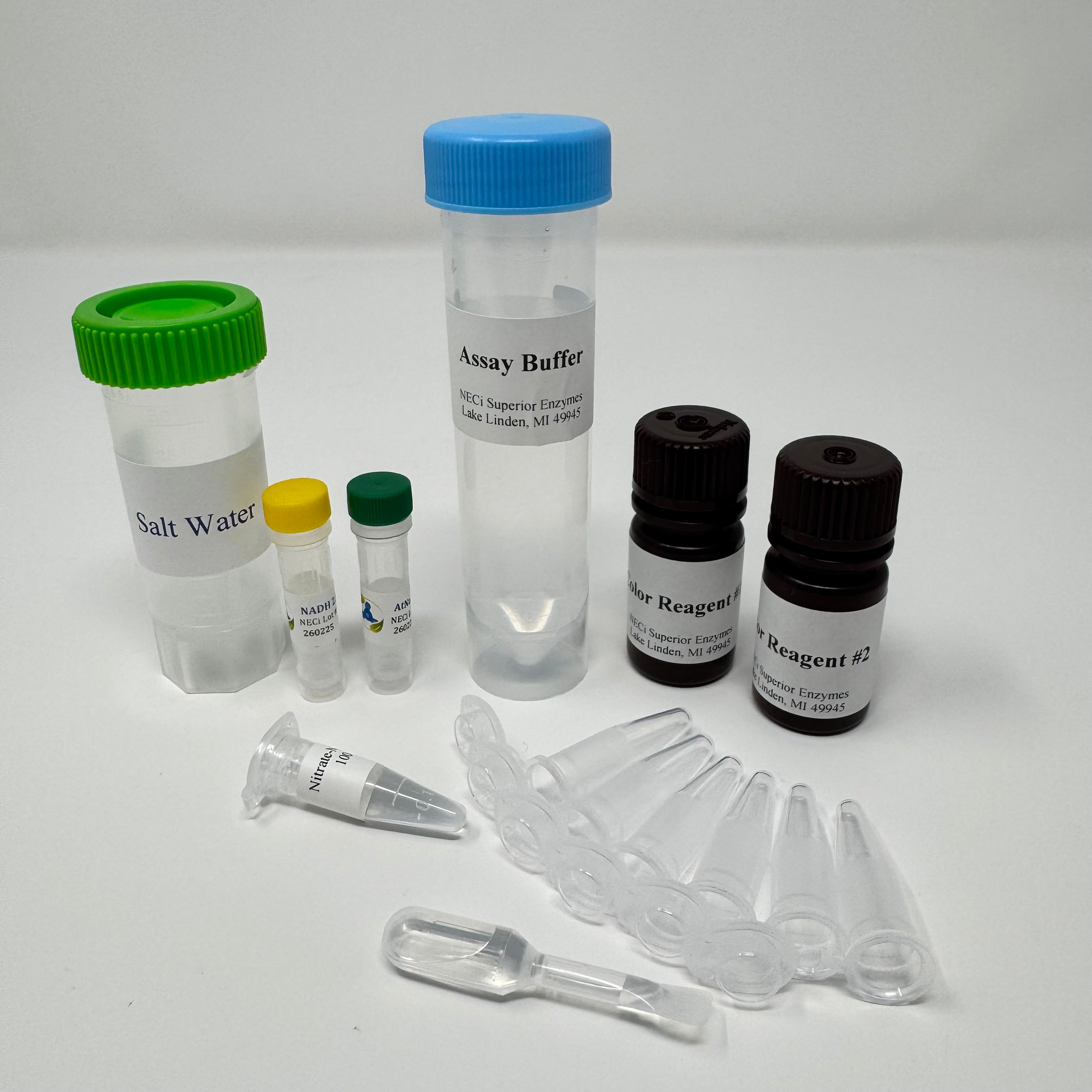 Benchtop Nitrate Test Kit - Saltwater kit with nitrate reductase, NADH, assay buffer, NaCl water, and color reagents