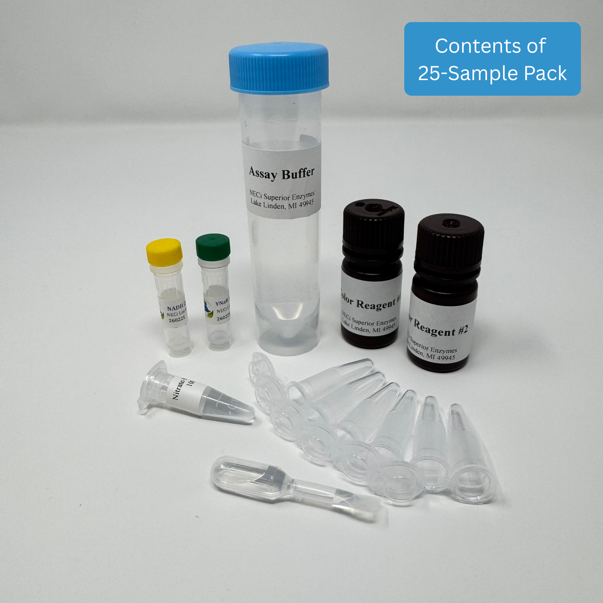 Benchtop Nitrate Test Kit - Standard Range freshwater kit with nitrate reductase, NADH, assay buffer, and color reagents