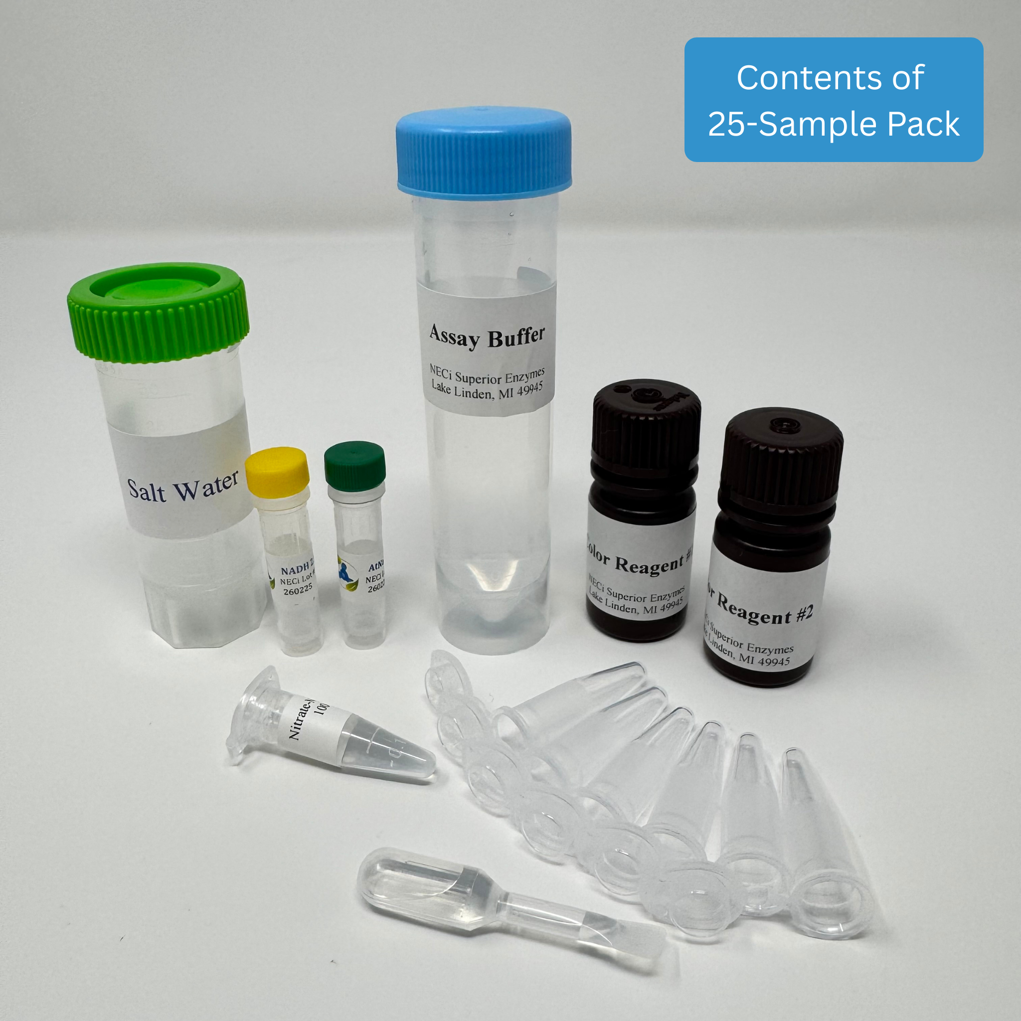 Benchtop Nitrate Test Kit - Saltwater kit with nitrate reductase, NADH, assay buffer, NaCl water, and color reagents