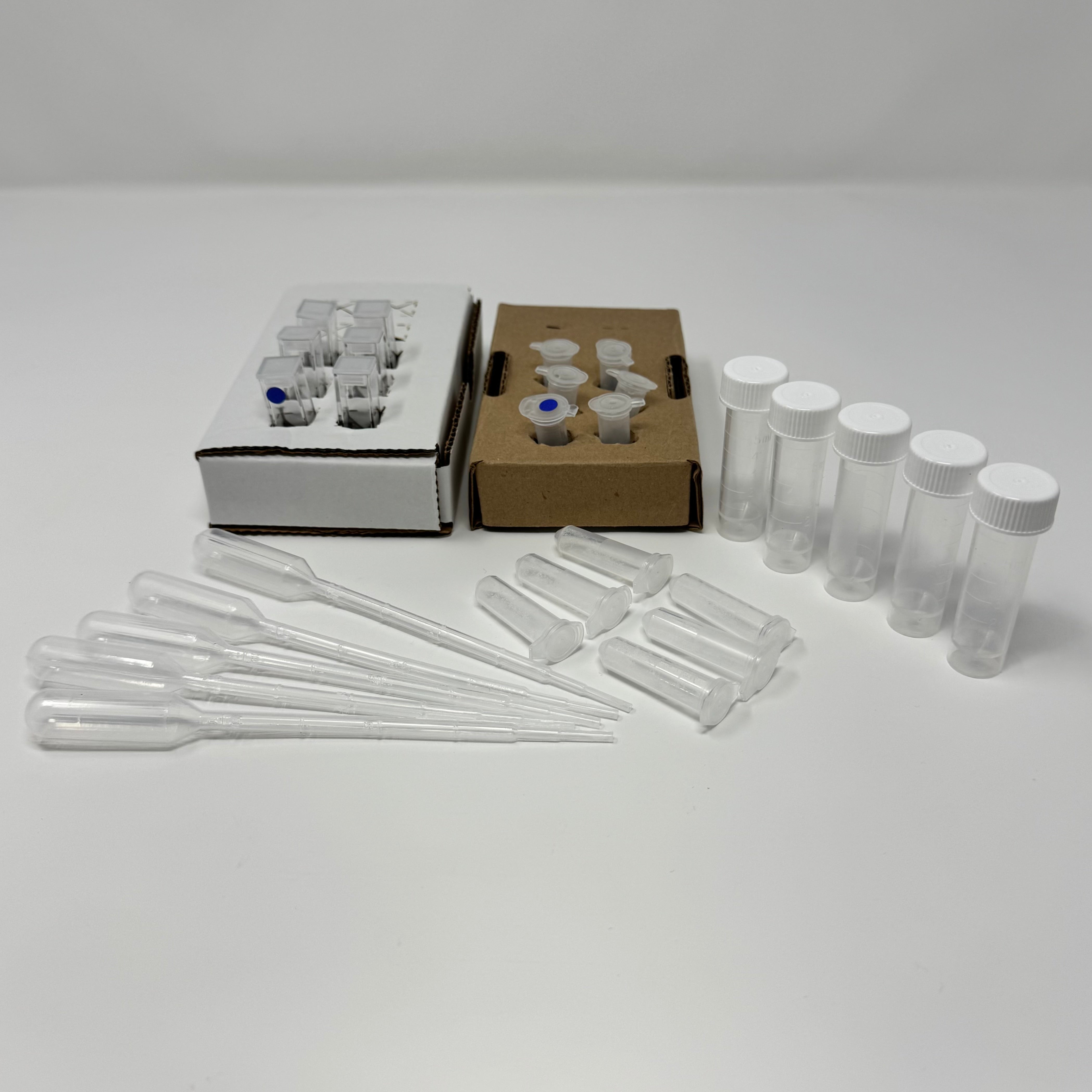 Water Nitrate Test Kit - Low Range kit contents including reaction cuvettes, buffer, color reagents, sample collection tubes, and cardboard cuvette holders