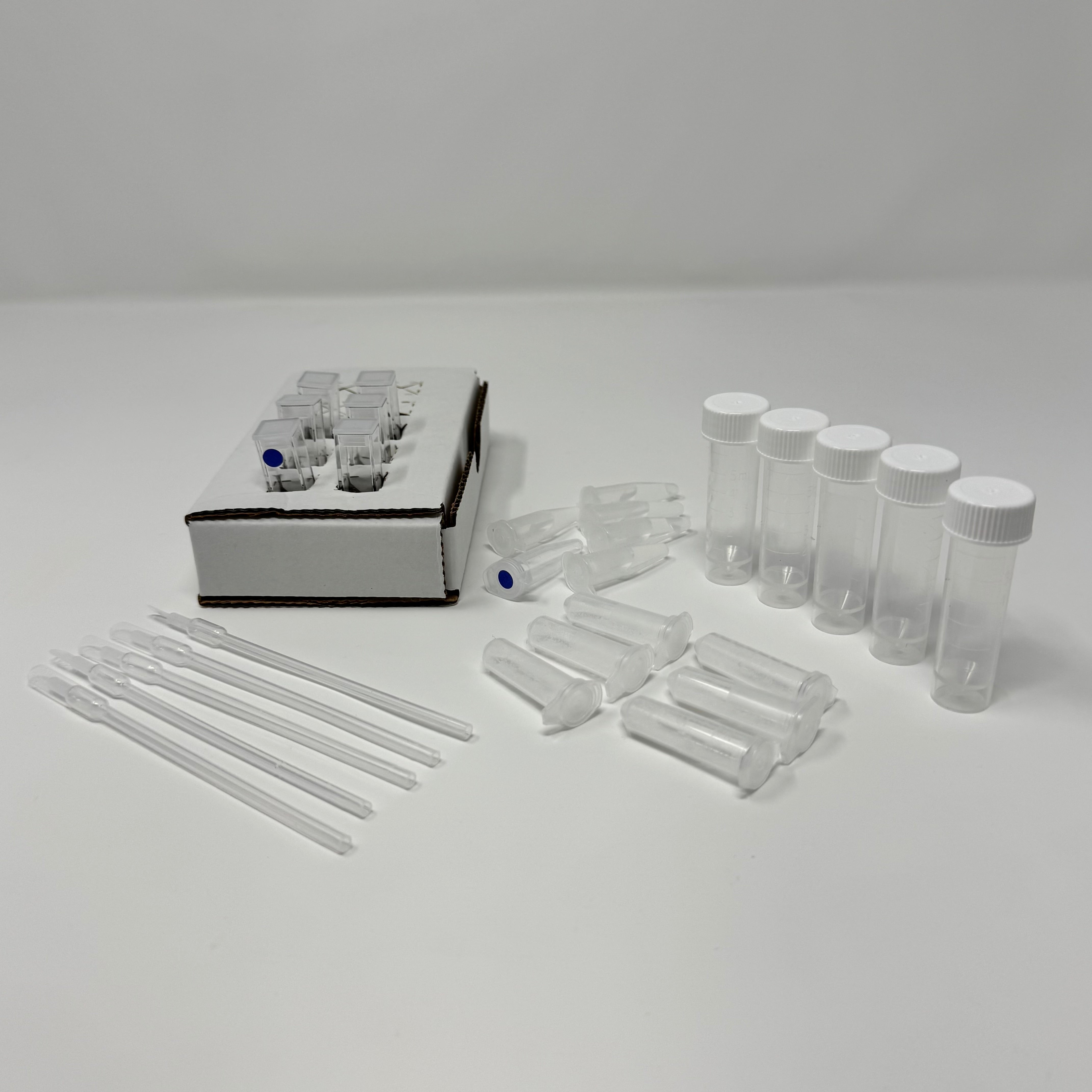 Water Nitrate Test Kit - Standard Range kit contents including reaction cuvettes, buffer, color reagents, sample collection tubes, and cardboard cuvette holder