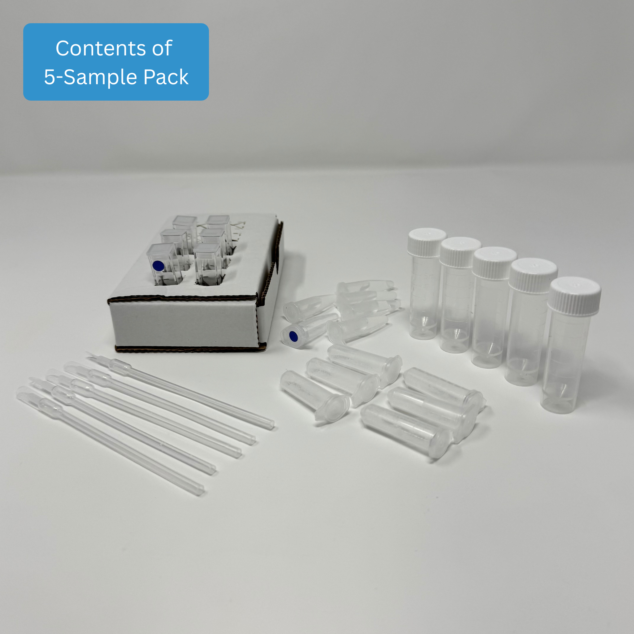 Water Nitrate Test Kit - Standard Range kit contents including reaction cuvettes, buffer, color reagents, sample collection tubes, and cardboard cuvette holder