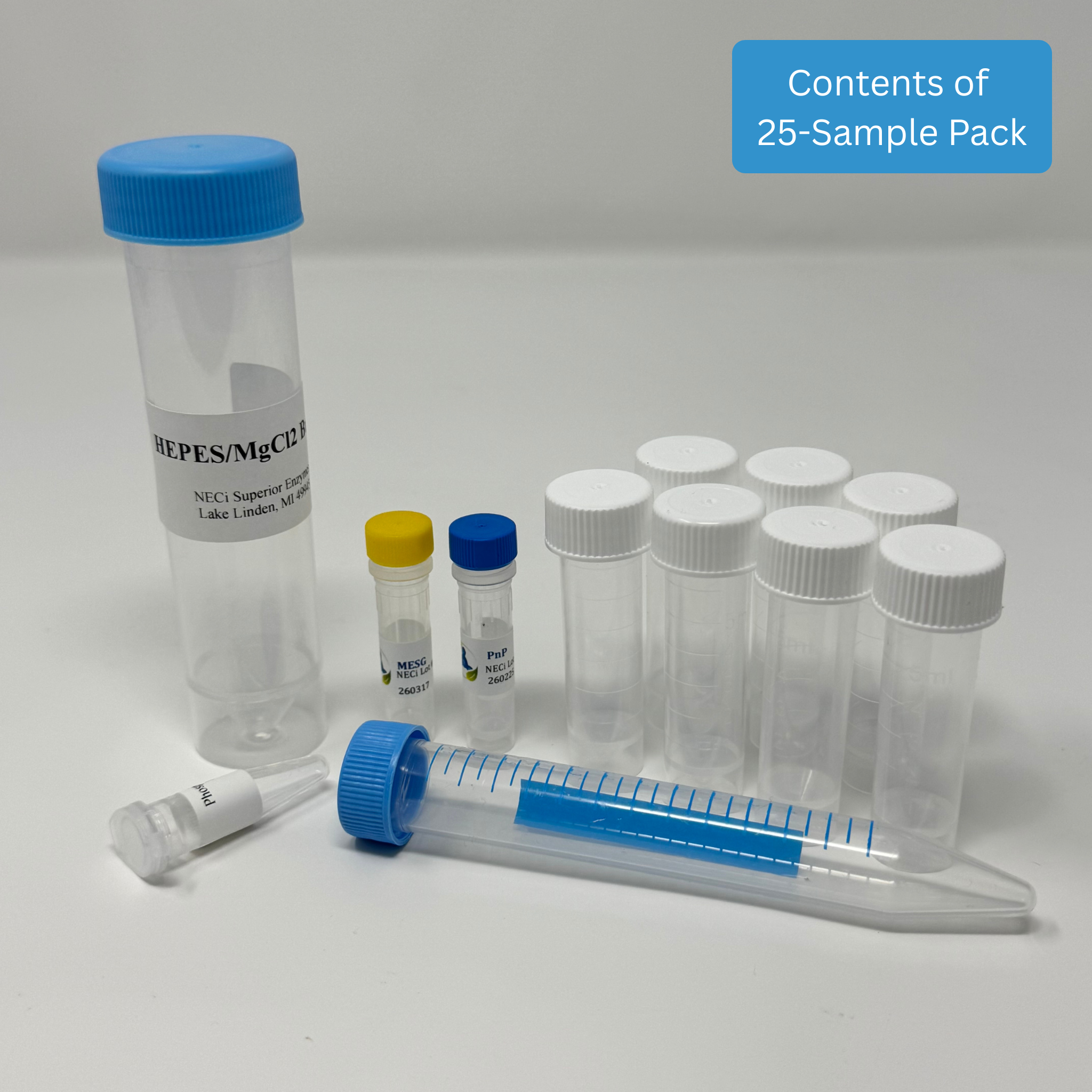 Benchtop Phosphate Test Kit - Low Range kit with MESG, PnP, HEPES/MgCl2 buffer, Phosphate Standard, standard tubes, and dilution tube.