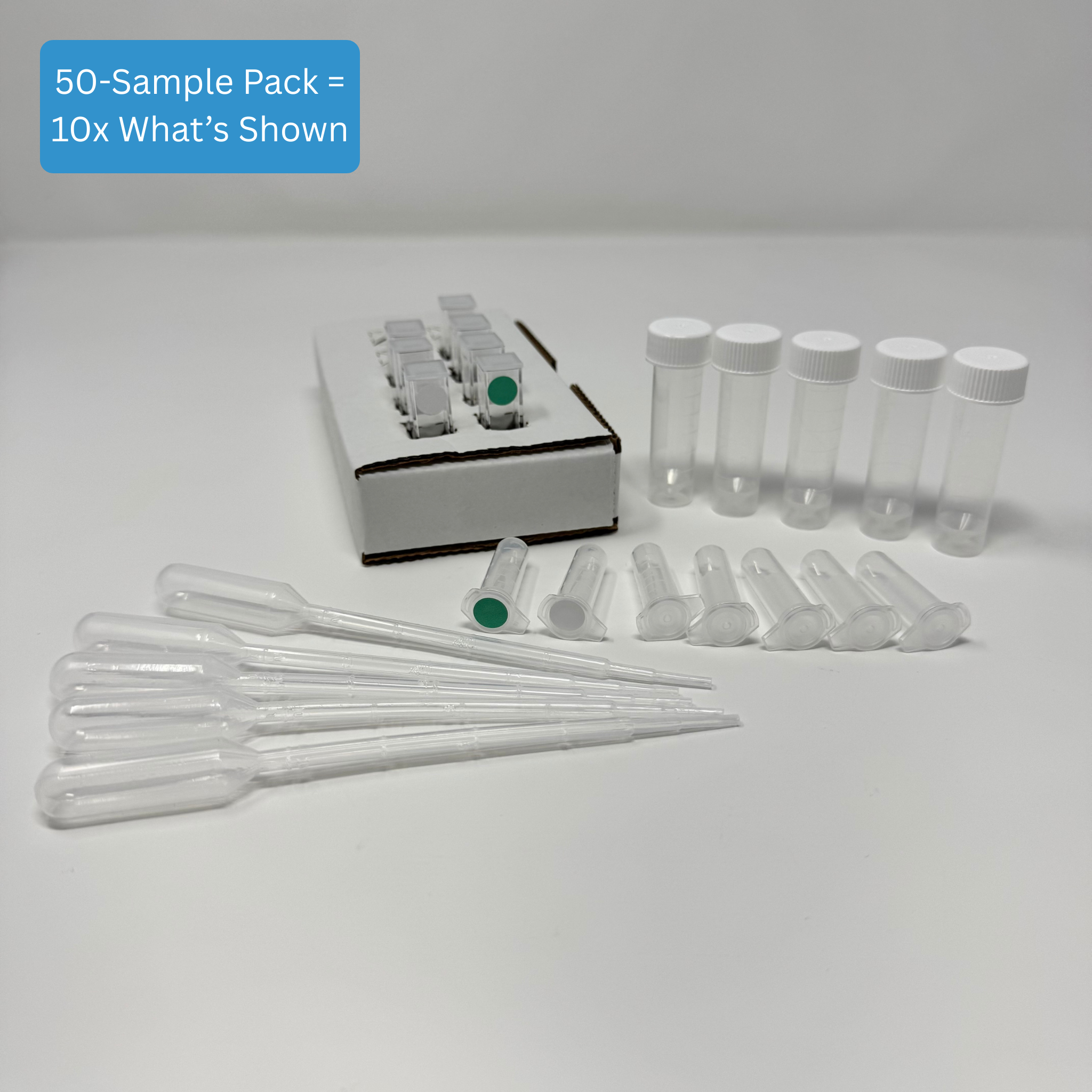 Water Phosphate Test Kit - Low Range kit contents including reaction cuvettes, buffer, sample collection tubes, pipettes, and cardboard cuvette holder