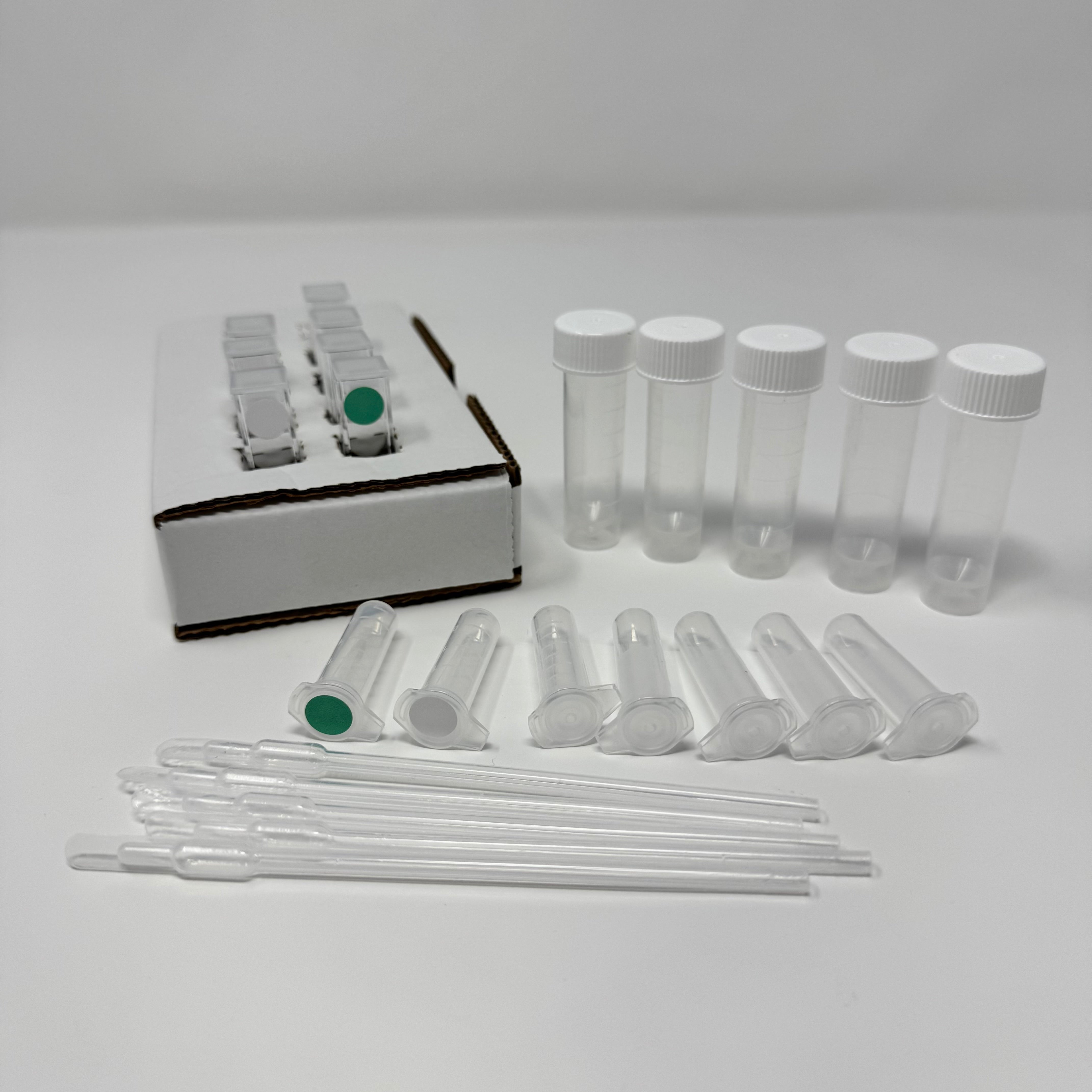 Water Phosphate Test Kit - Standard Range kit contents including reaction cuvettes, buffer, sample collection tubes, pipettes, and cardboard cuvette holder