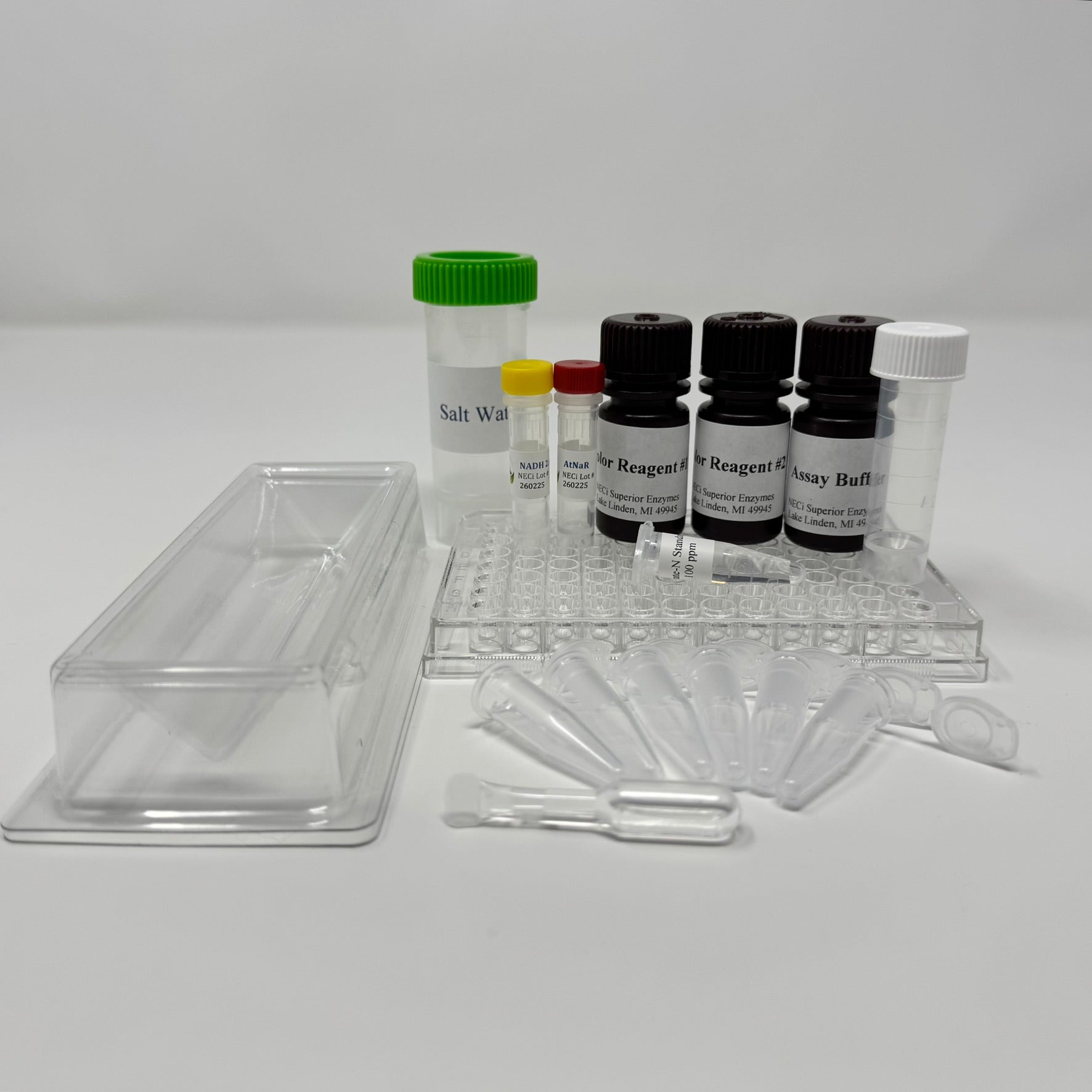 Microplate Format Nitrate Test Kit - Low Range saltwater kit with 96-well plate, nitrate reductase, NADH, assay buffer, NaCl water, and color reagents