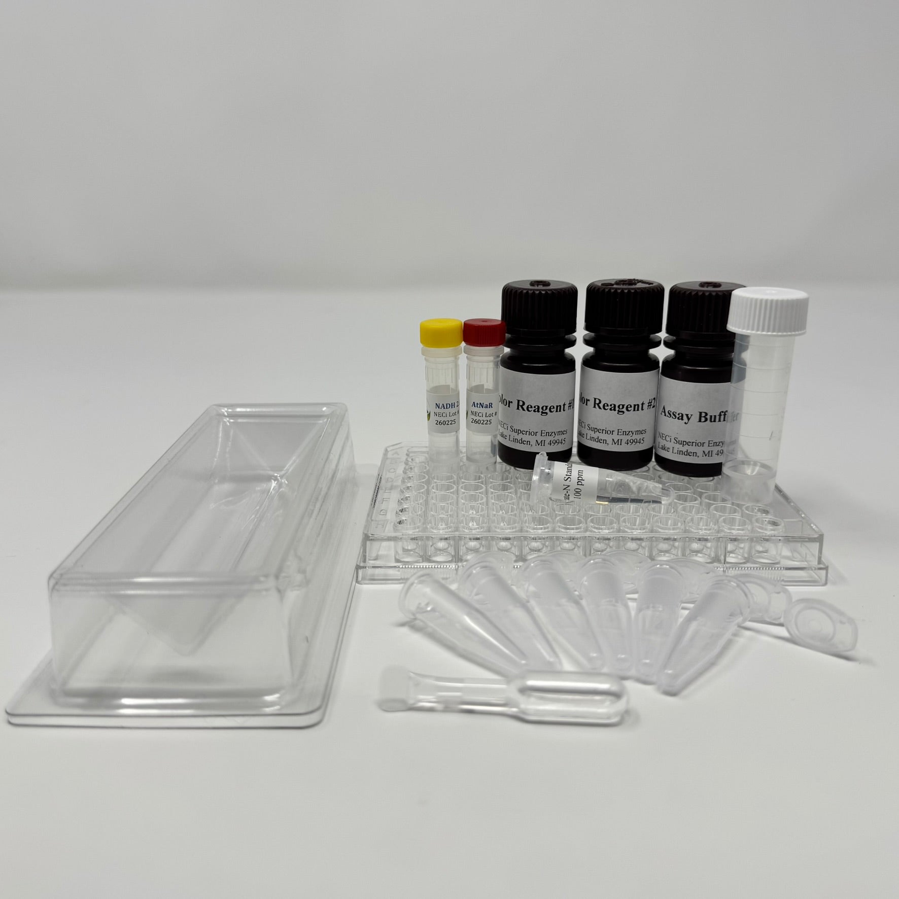 Microplate Format Nitrate Test Kit - Low Range freshwater kit with 96-well plate, nitrate reductase, NADH, assay buffer, and color reagents