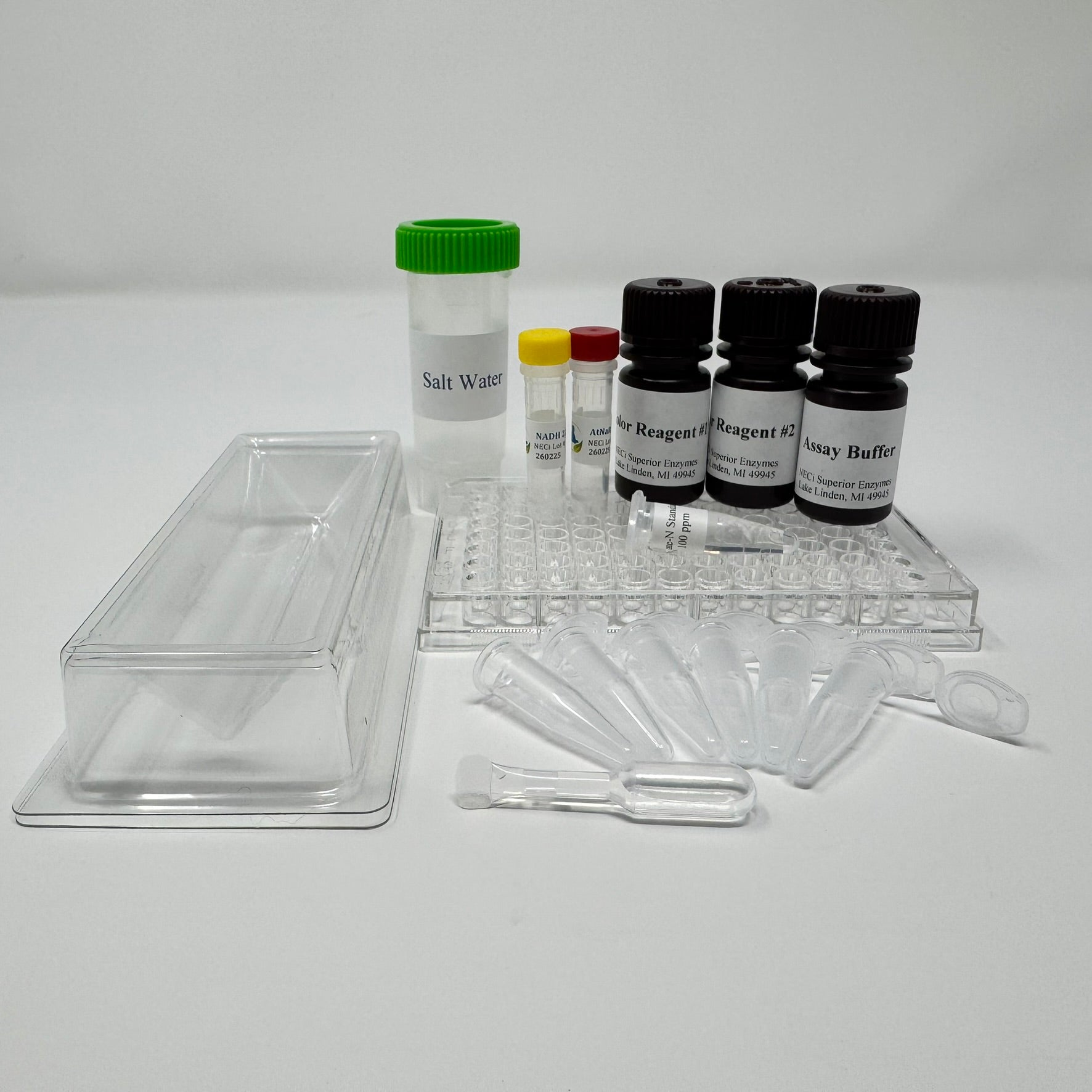 Microplate Format Nitrate Test Kit - Standard Range saltwater kit with 96-well plate, nitrate reductase, NADH, assay buffer, NaCl water, and color reagents