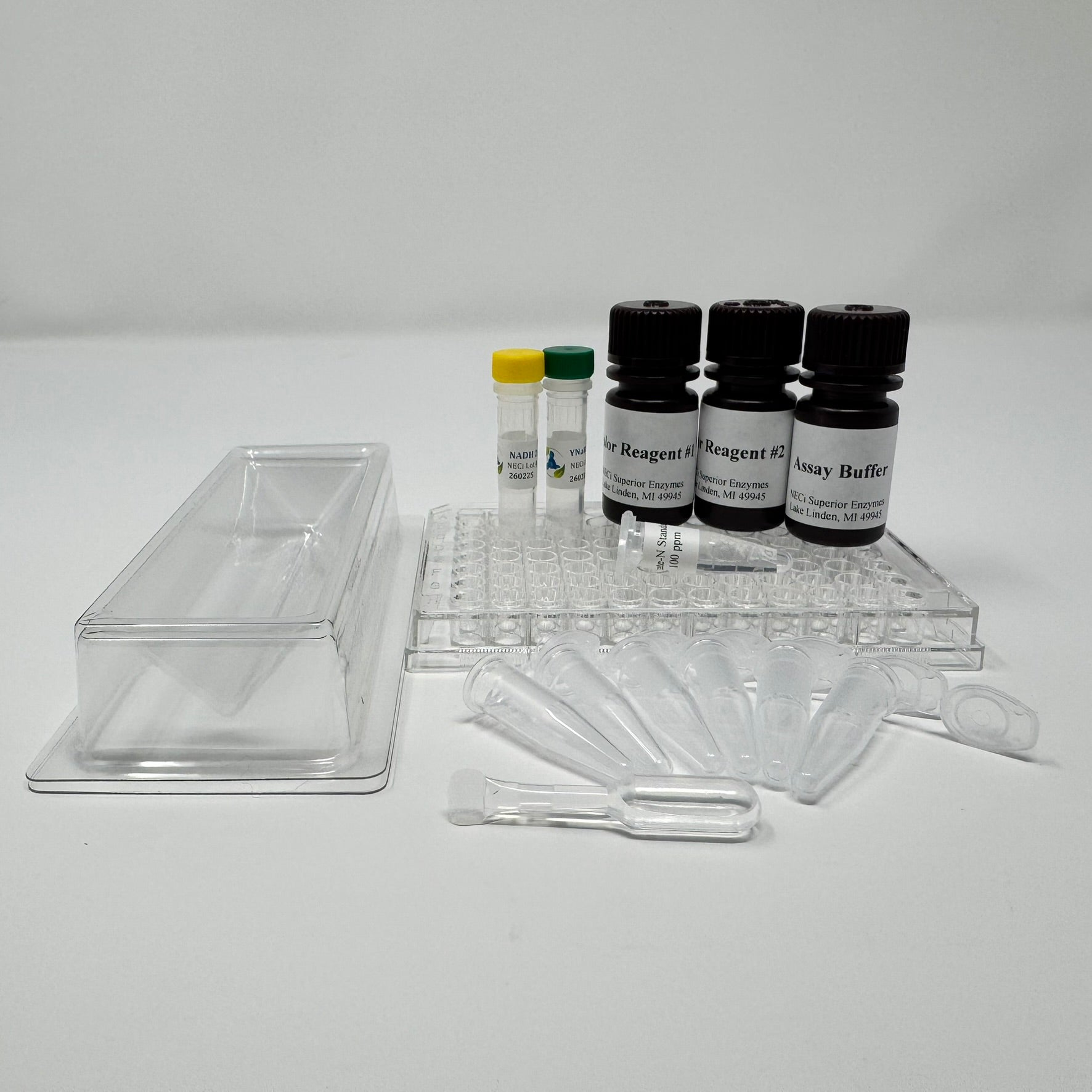 Microplate Format Nitrate Test Kit - Standard Range freshwater kit with 96-well plate, nitrate reductase, NADH, assay buffer, and color reagents