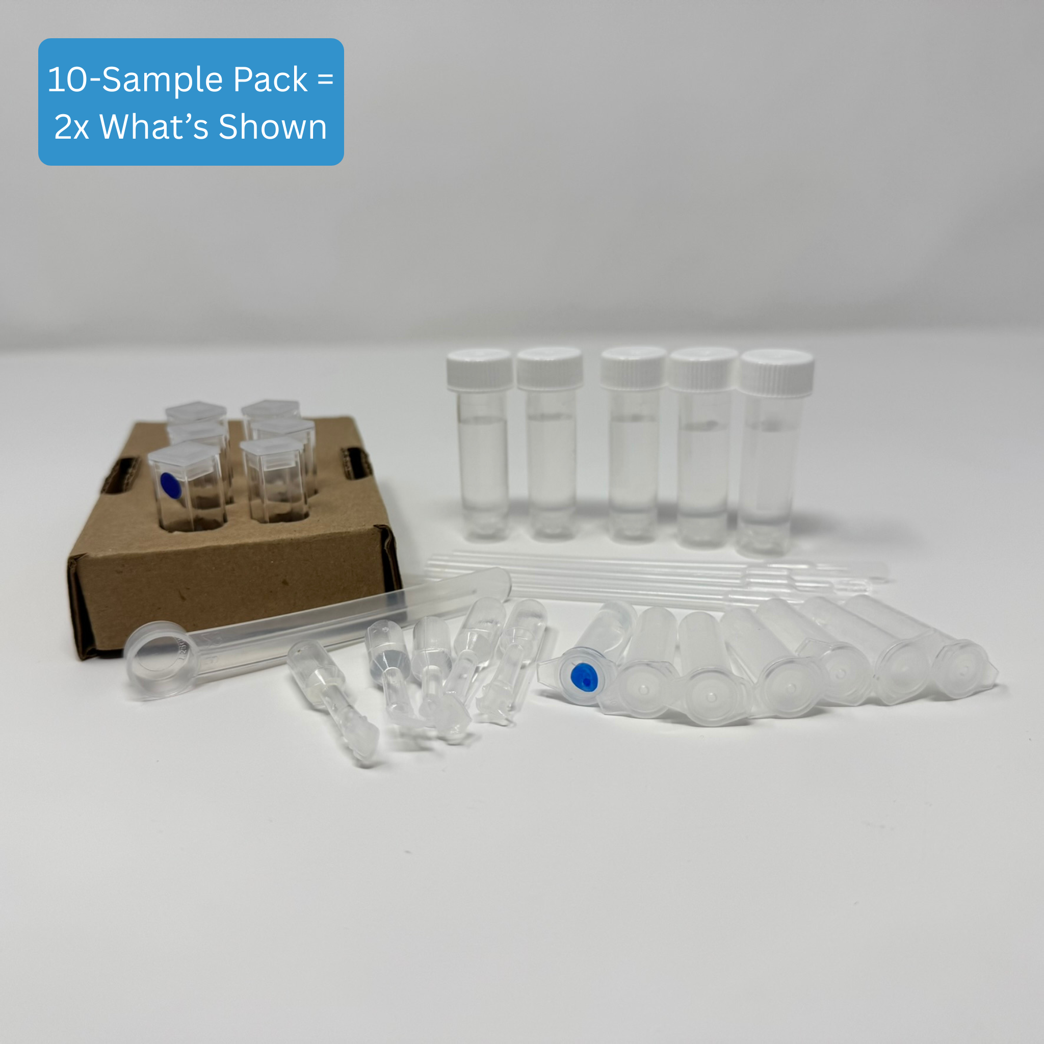 Soil Nitrate Test Kit - Complete kit contents including reaction cuvettes, buffer, color reagents, sample collection tubes, measuring spoon, and cardboard cuvette holder