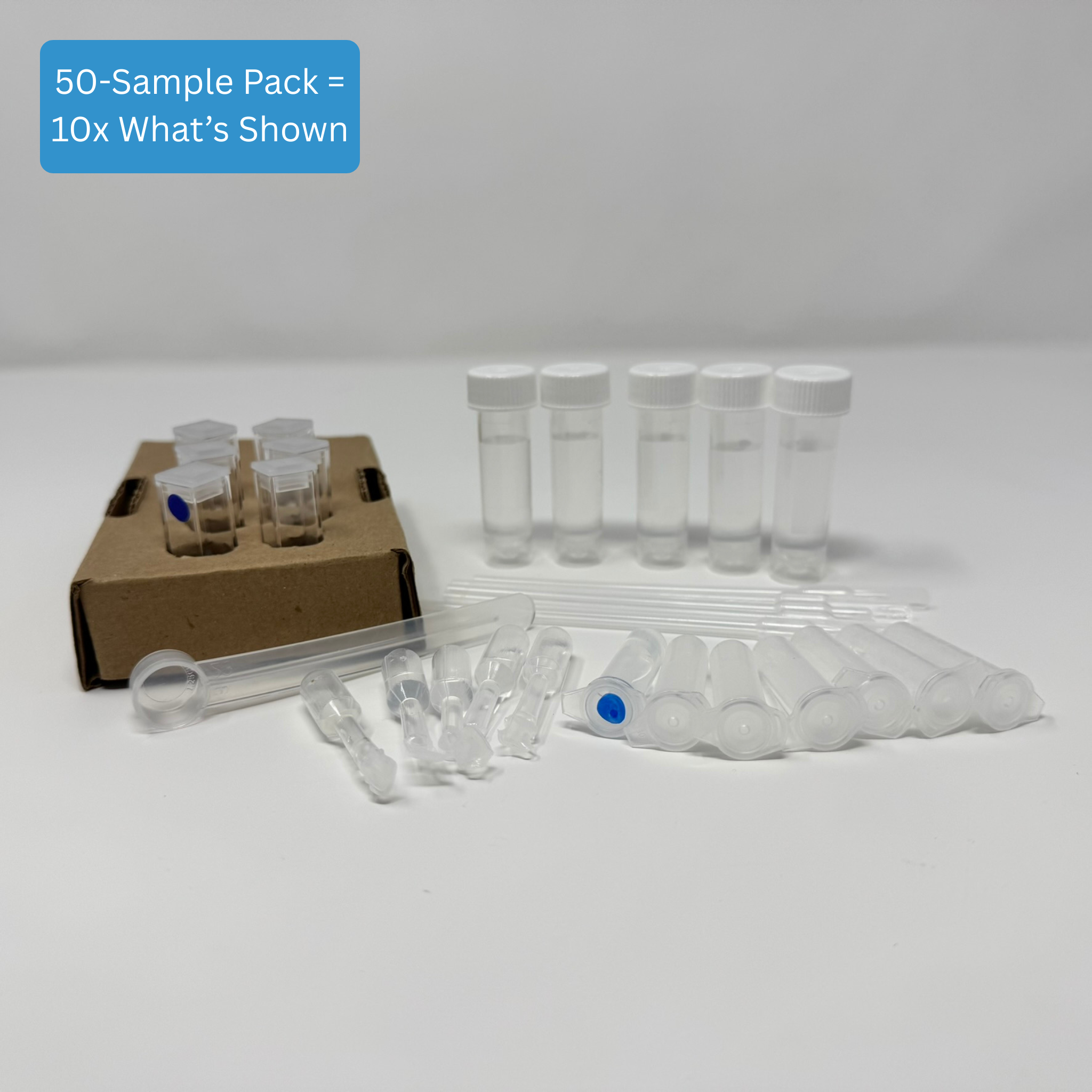 Soil Nitrate Test Kit - Complete kit contents including reaction cuvettes, buffer, color reagents, sample collection tubes, measuring spoon, and cardboard cuvette holder