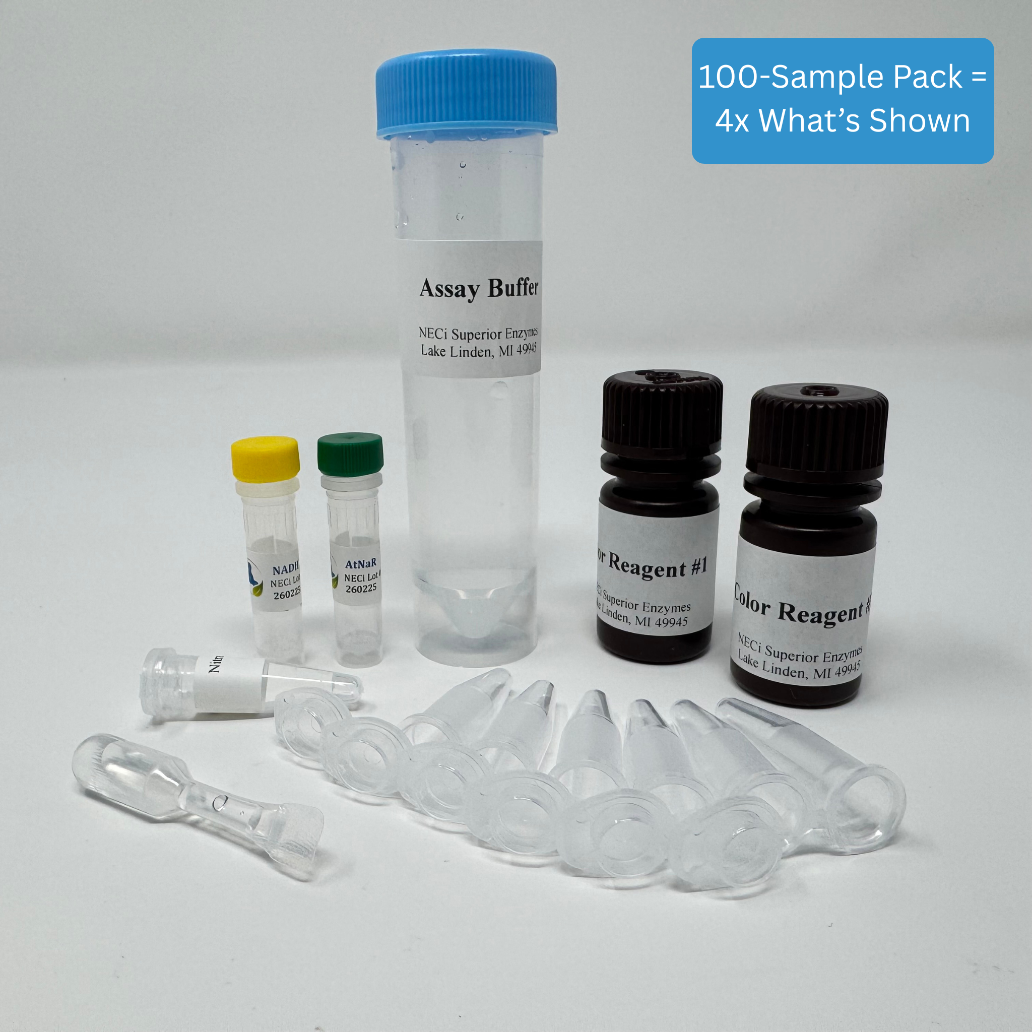 Benchtop Nitrate Test Kit - Low Range freshwater kit with nitrate reductase, NADH, assay buffer, and color reagents