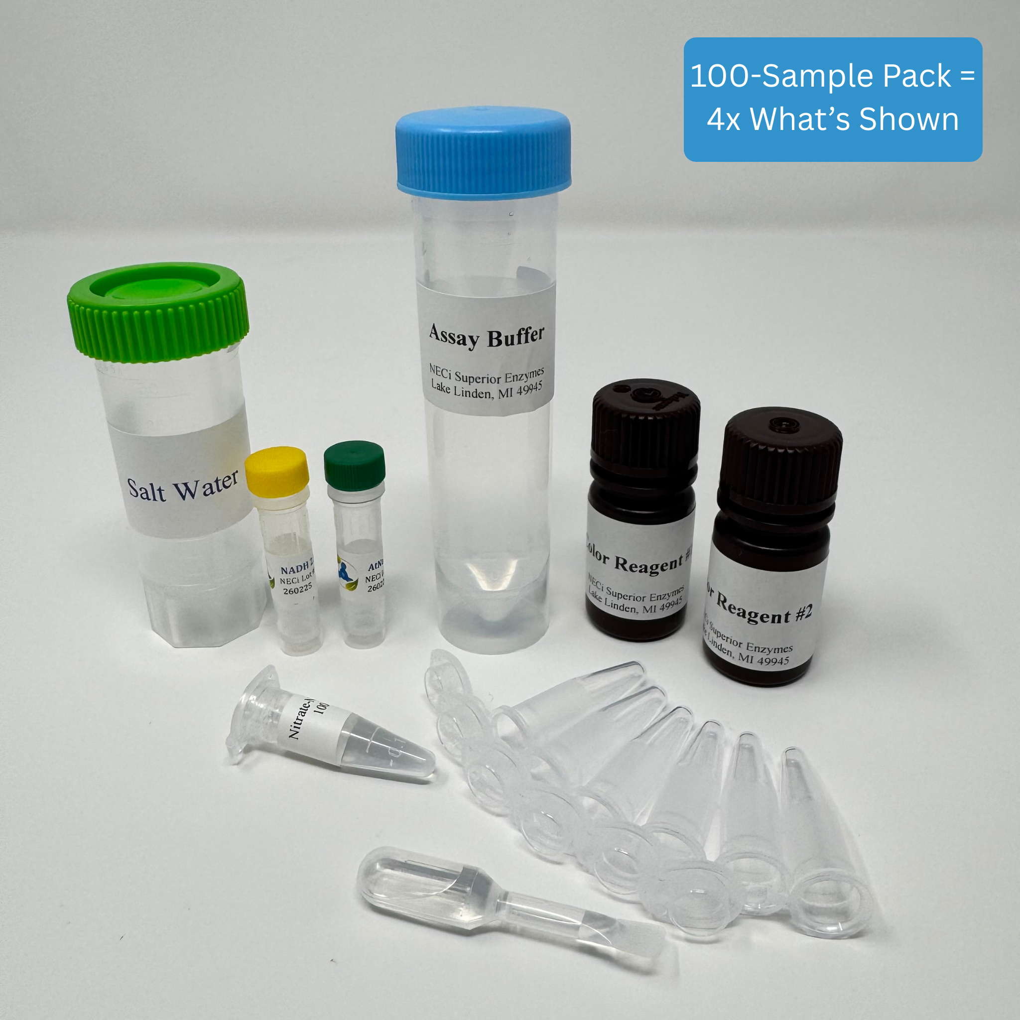 Benchtop Nitrate Test Kit - Saltwater kit with nitrate reductase, NADH, assay buffer, NaCl water, and color reagents
