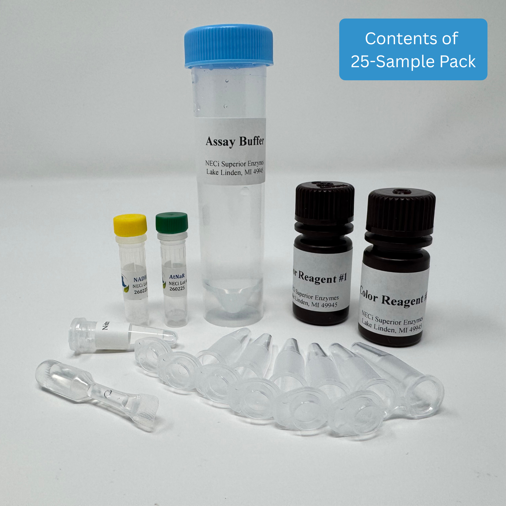 Benchtop Nitrate Test Kit - Low Range freshwater kit with nitrate reductase, NADH, assay buffer, and color reagents