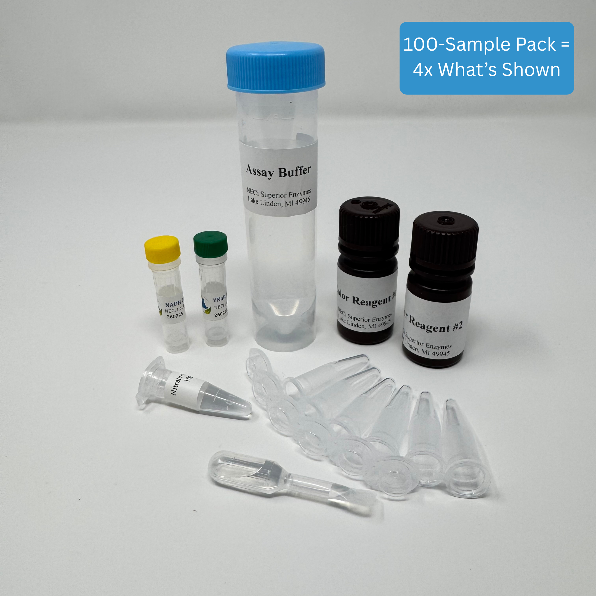 Benchtop Nitrate Test Kit - Standard Range freshwater kit with nitrate reductase, NADH, assay buffer, and color reagents