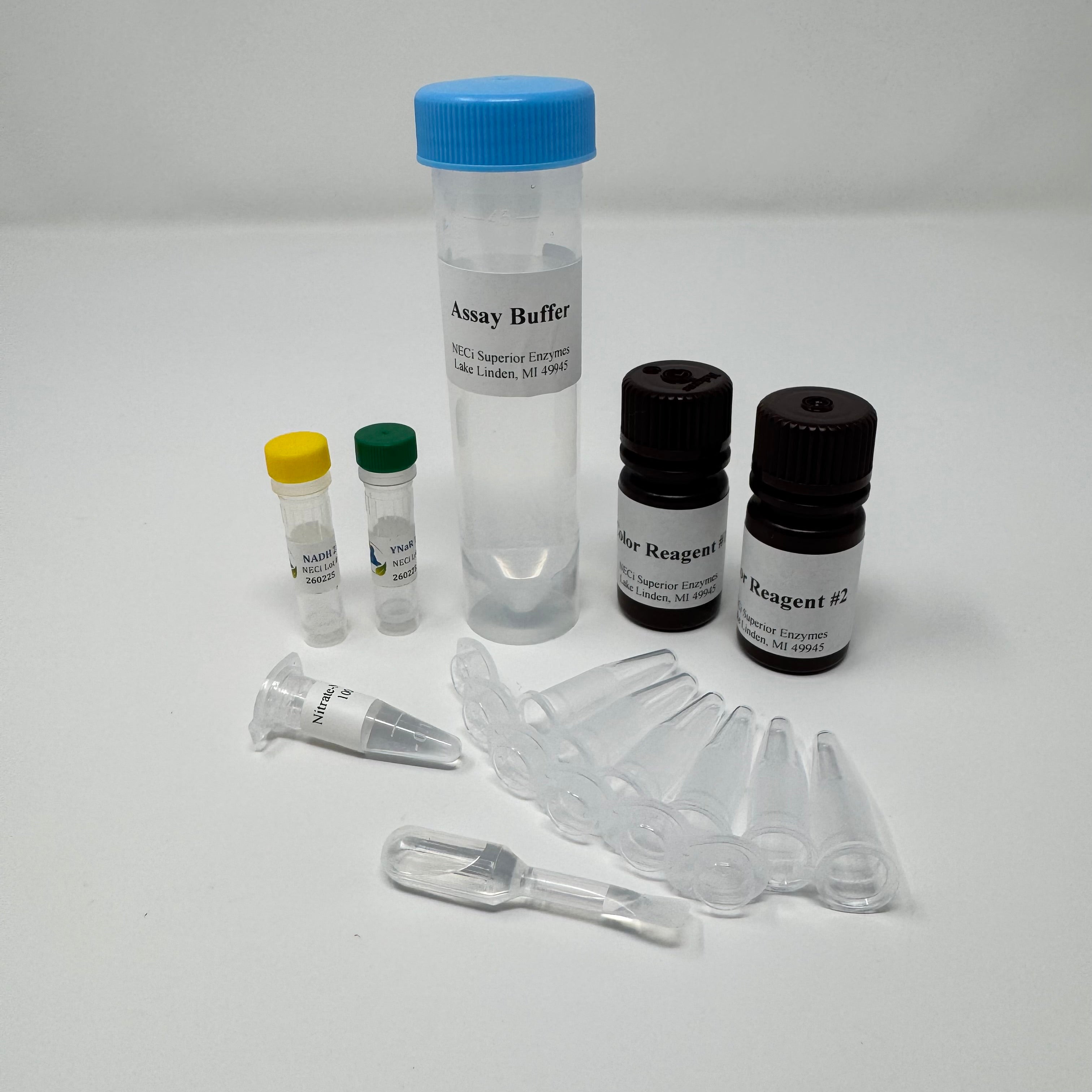 Benchtop Nitrate Test Kit - Standard Range freshwater kit with nitrate reductase, NADH, assay buffer, and color reagents