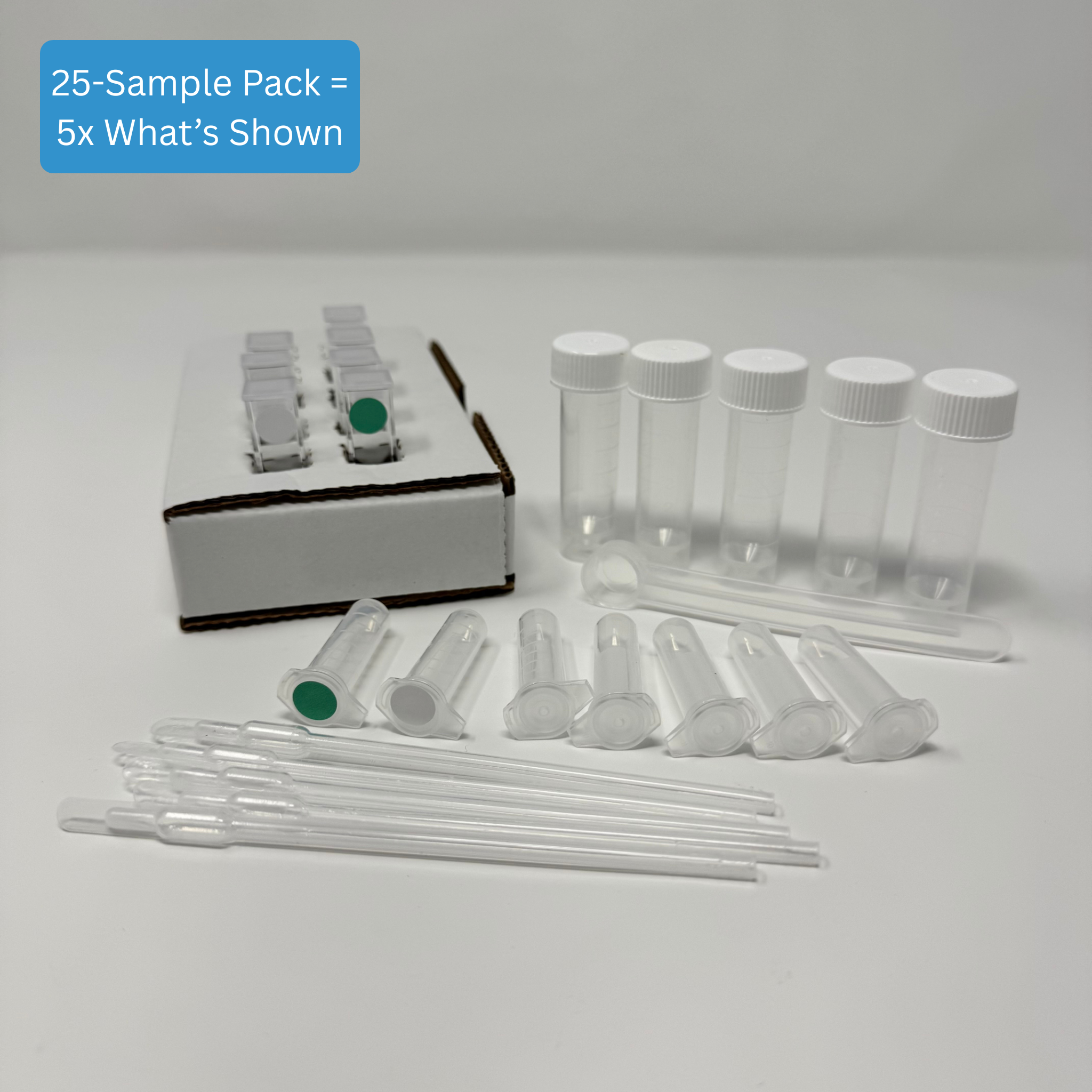 Soil Phosphate Test Kit - kit contents including reaction cuvettes, buffer, sample collection tubes, pipettes, measuring spoon, and cardboard cuvette holder