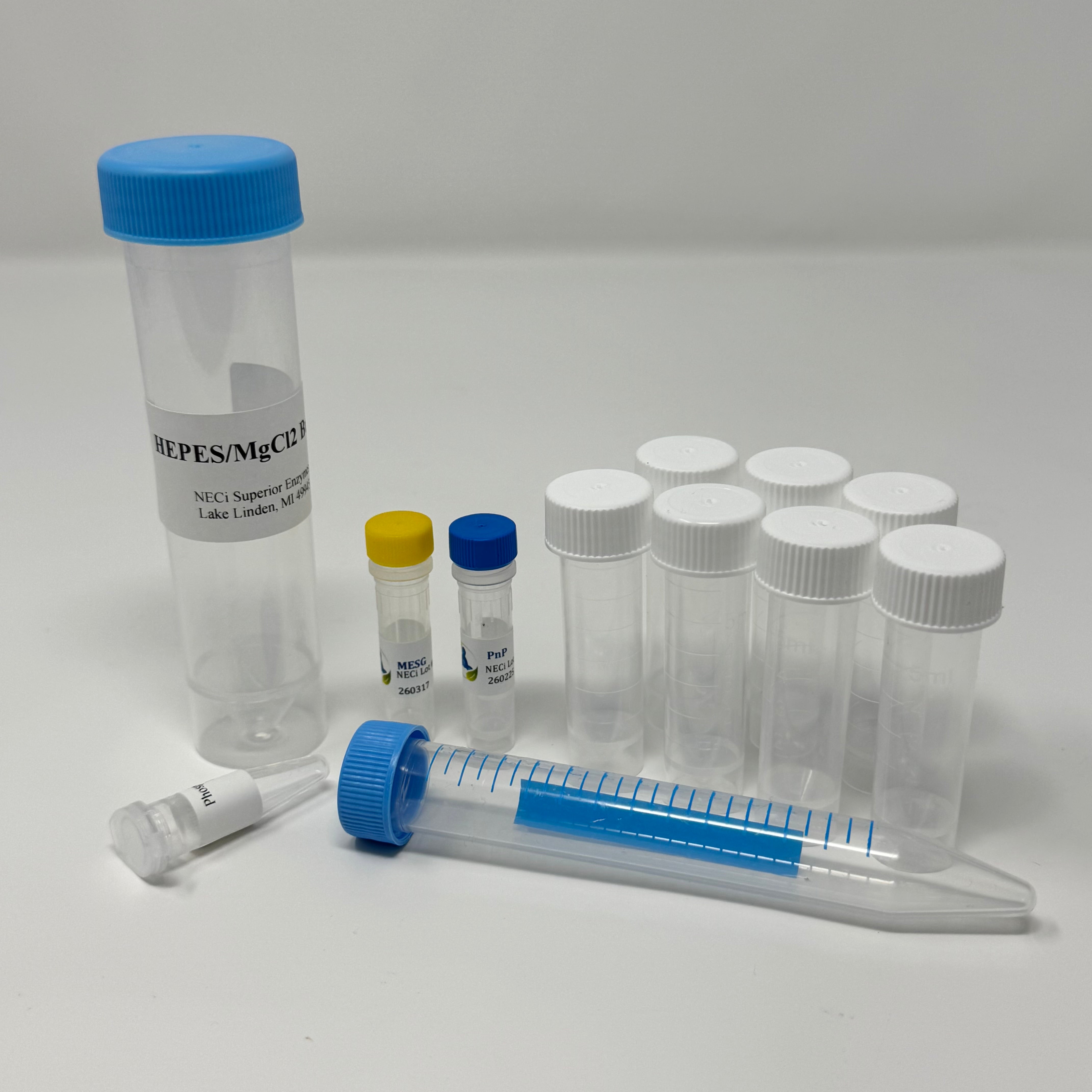 Benchtop Phosphate Test Kit - Low Range kit with MESG, PnP, HEPES/MgCl2 buffer, Phosphate Standard, standard tubes, and dilution tube.