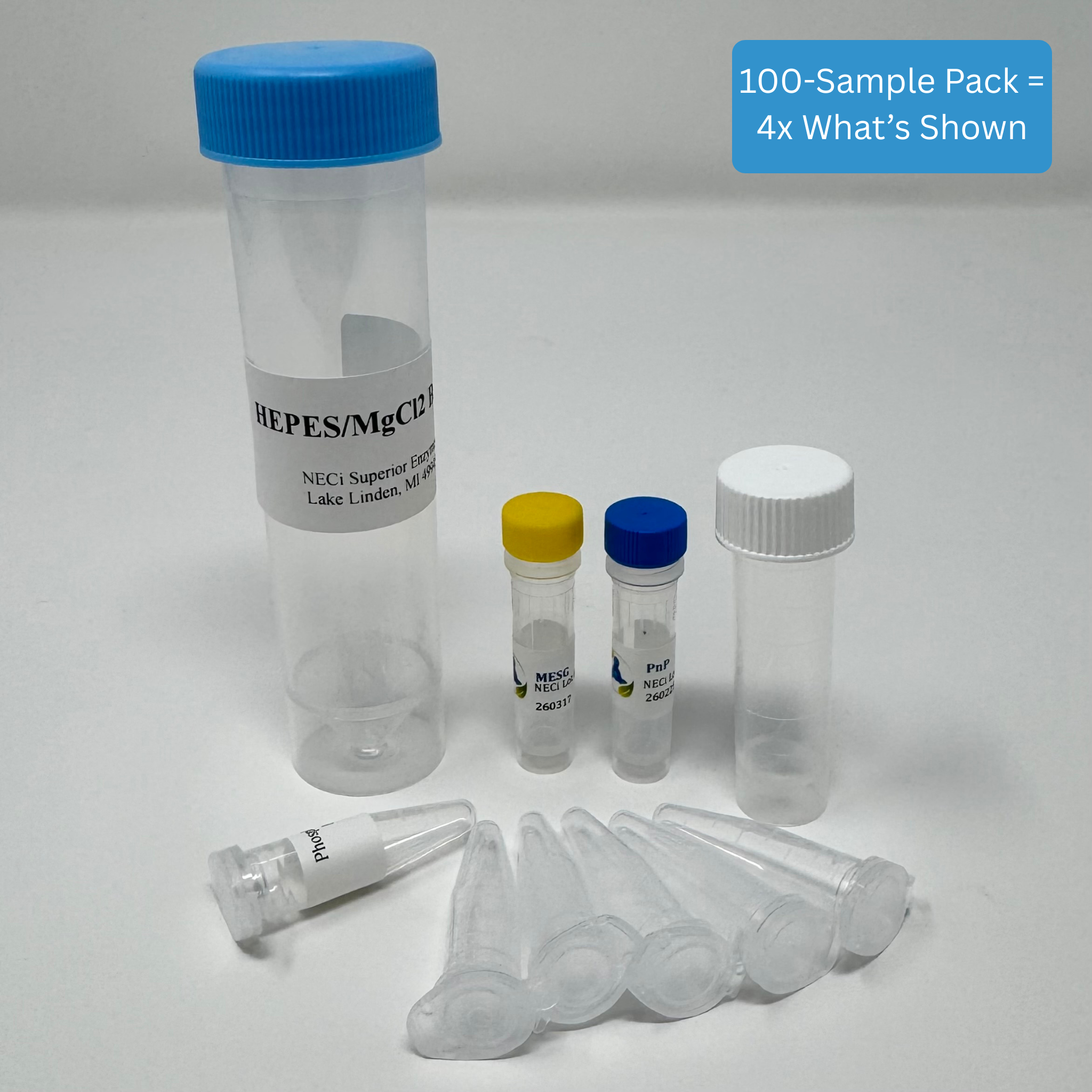 Benchtop Phosphate Test Kit - Standard Range kit with MESG, PnP, HEPES/MgCl2 buffer, Phosphate Standard, standard tubes, and dilution tube.