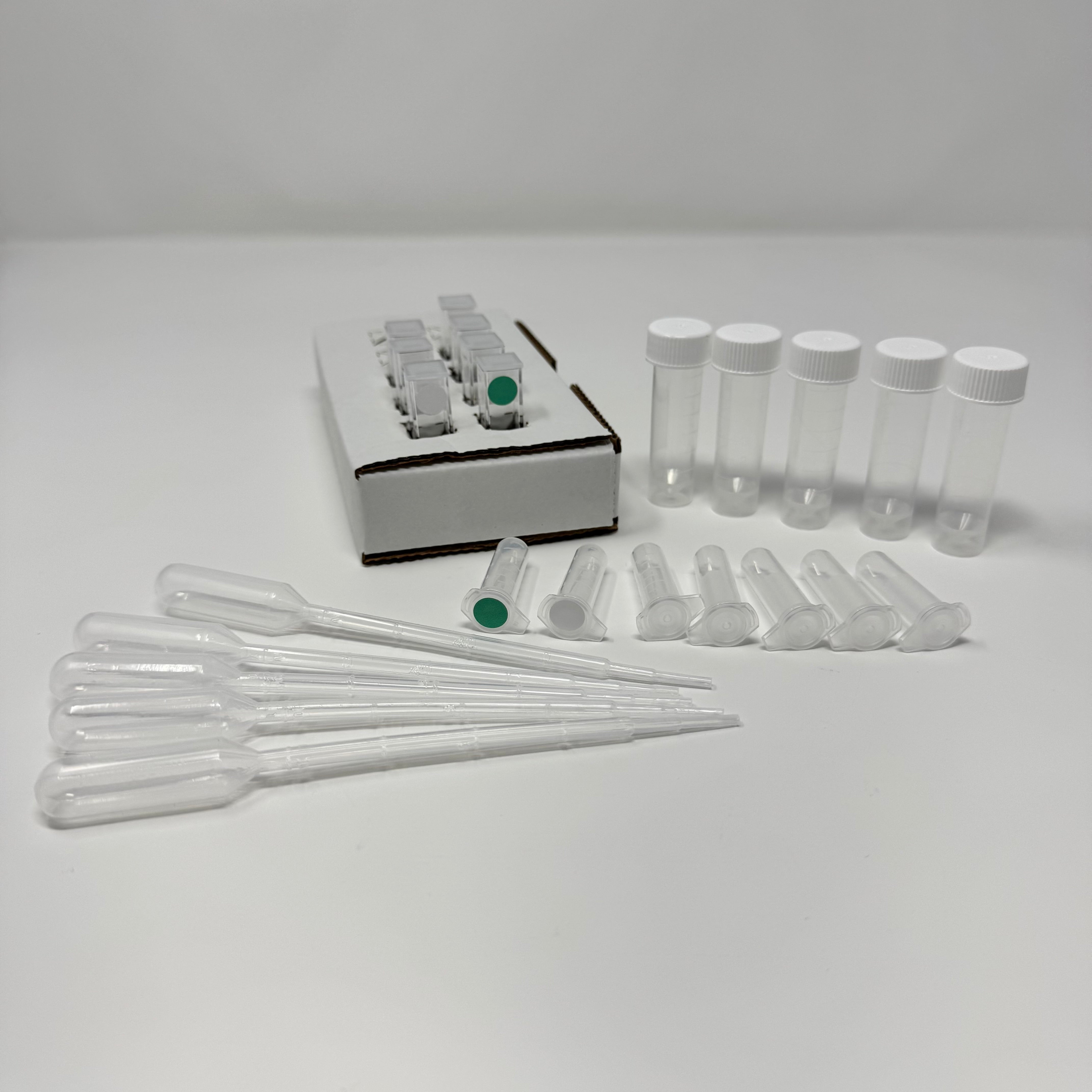 Water Phosphate Test Kit - Low Range kit contents including reaction cuvettes, buffer, sample collection tubes, pipettes, and cardboard cuvette holder