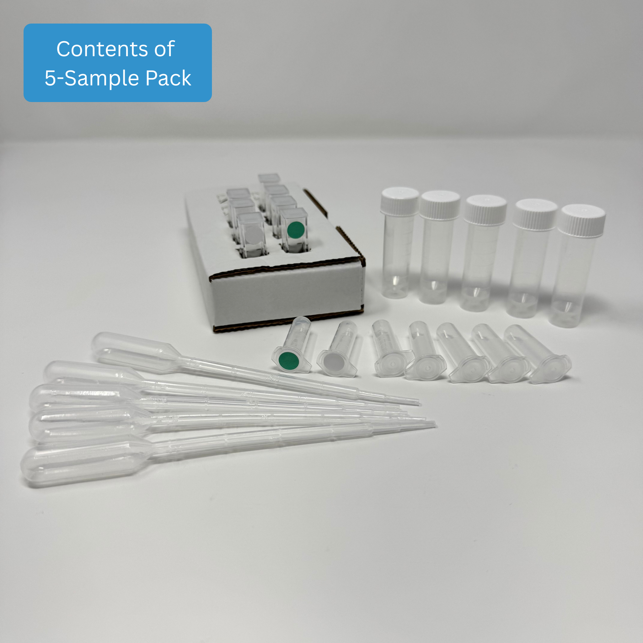 Water Phosphate Test Kit - Low Range kit contents including reaction cuvettes, buffer, sample collection tubes, pipettes, and cardboard cuvette holder