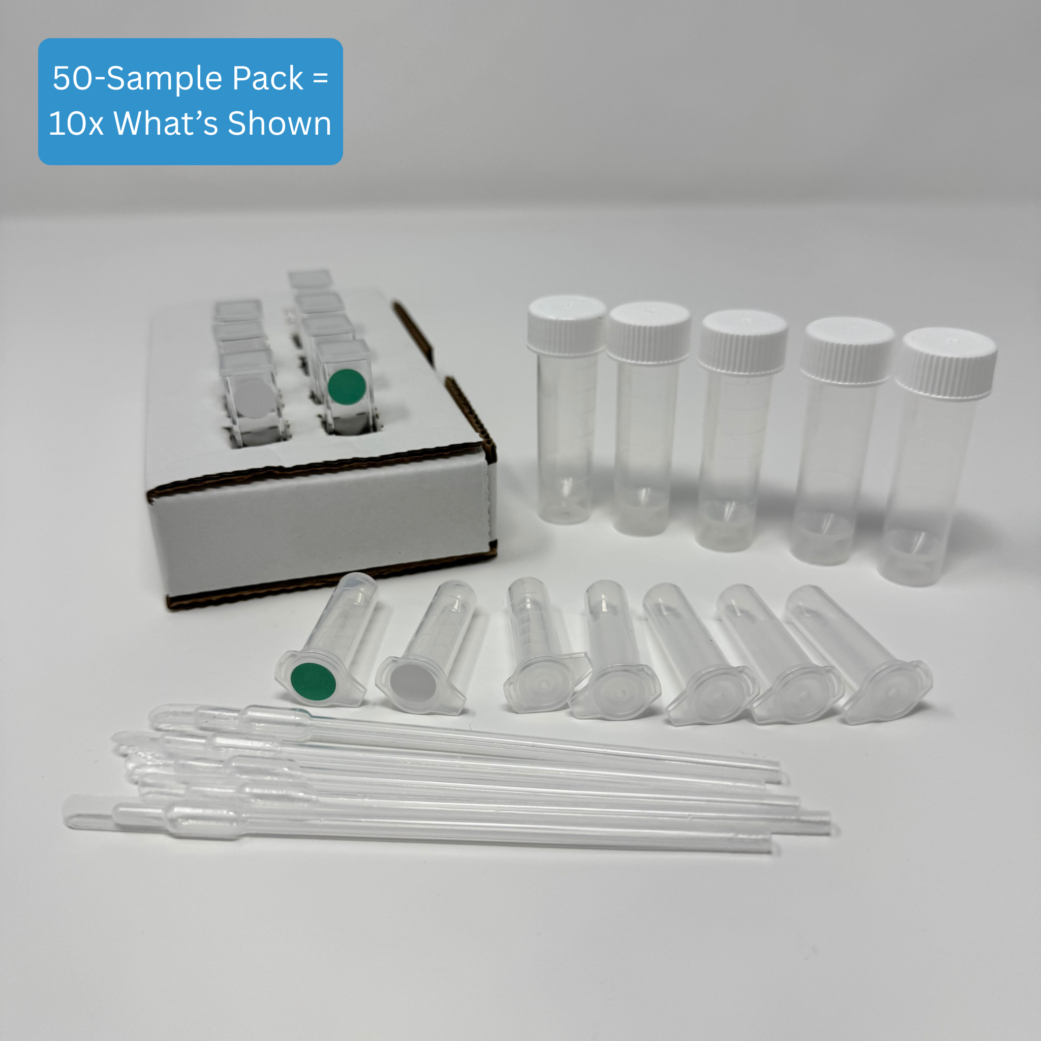 Water Phosphate Test Kit - Standard Range kit contents including reaction cuvettes, buffer, sample collection tubes, pipettes, and cardboard cuvette holder